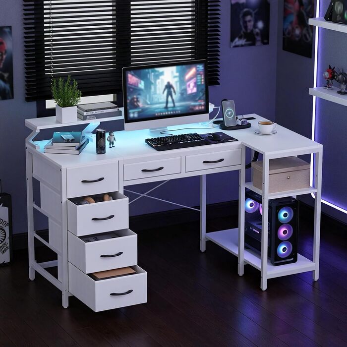 Кутовий письмовий стіл L-подібний з шухлядами, LED-підсвіткою, USB-портом та розеткою для комп'ютера, роботи та навчання, білий