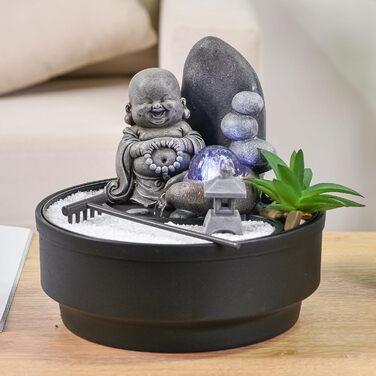 Настільний фонтан-дзен сад Sikhi Zen'Light з фігуркою Будди, кольоровою LED-підсвіткою та білим піском, 21 см — Декоративний фонтан для релаксації та інтер'єру