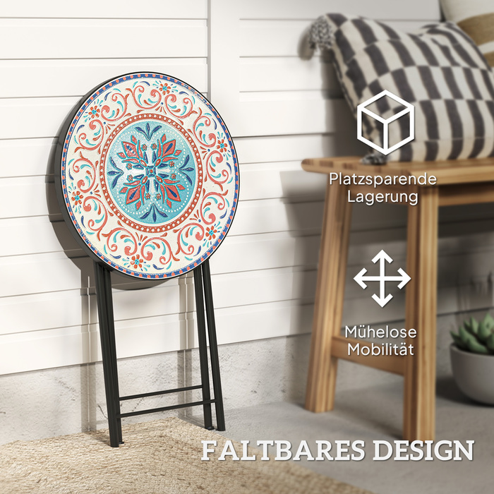 Outsunny Side Table Складаний садовий стіл з мозаїчним дизайном, Ø35.5 x 55 см Круглий атмосферостійкий металевий балконний стіл, Кемпінговий стіл Розкладний стіл Журнальний столик для вітальні, офіс, Відкритий Внутрішній, Багатокольоровий