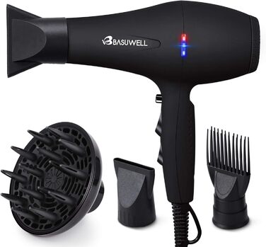 Професійний іонний фен для волосся Basuwell 2100Вт, салонний фен з інфрачервоним нагрівом, 3 режими нагріву, 2 швидкості, низький рівень шуму, AC-мотор, дифузор, чорний