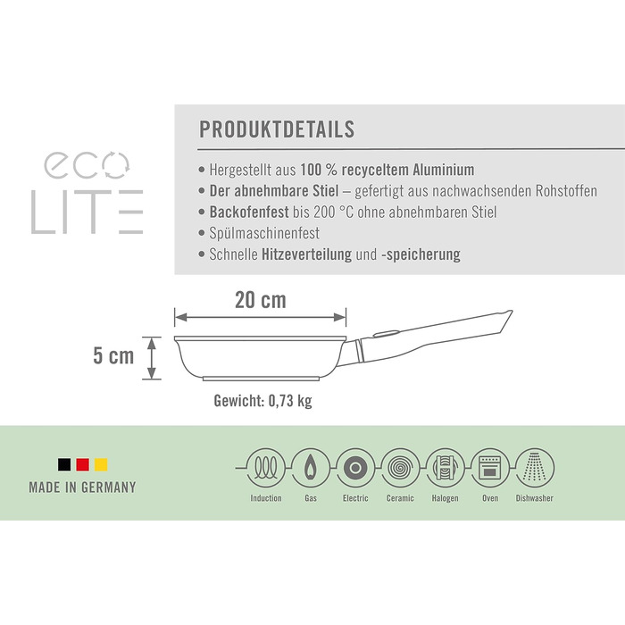 Сковорода Woll Eco Lite 20 см, індукційна, знімна ручка, алюмінієвий литий корпус, для всіх типів плит, для духовки, чорна, 100% перероблений алюміній
