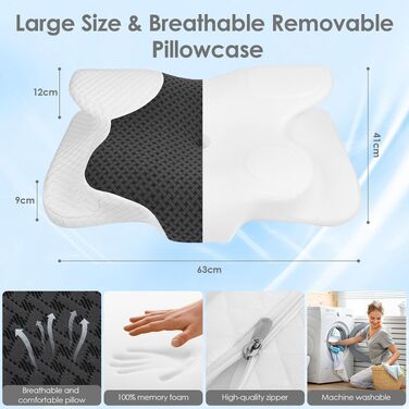 Ергономічна ортопедична подушка для шиї з ефектом пам'яті (Memory Foam), регульована висота, для сну на боці, спині та животі, 63x42 см (Білий + Чорний)