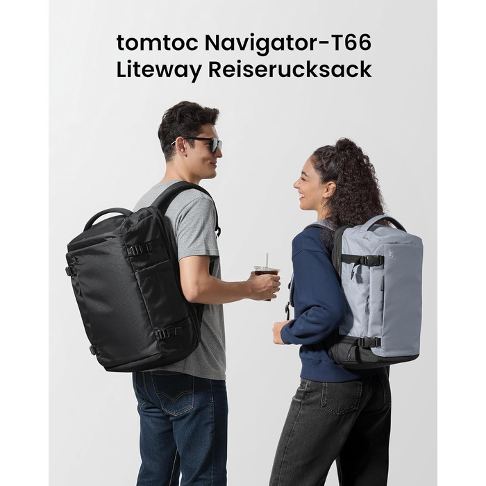 Подорожній рюкзак tomtoc 28L для літака, TSA-сумісний рюкзак для ручної поклажі, чорний Ripstop