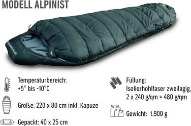 Преміум спальник WANDERFALKE Alpinist для кемпінгу та туризму, 3-4 сезони, температурний режим +5°C до -10°C