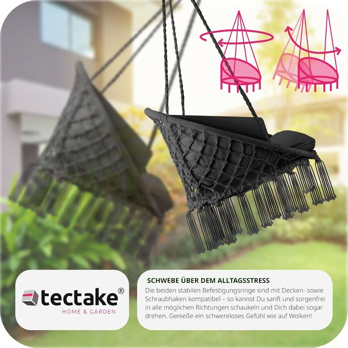Гойдалка-крісло tectake® для дому та вулиці, підвісне крісло з міцним каркасом і м'якою подушкою, меблі для тераси та балкона, максимальне навантаження 150 кг, чорний колір