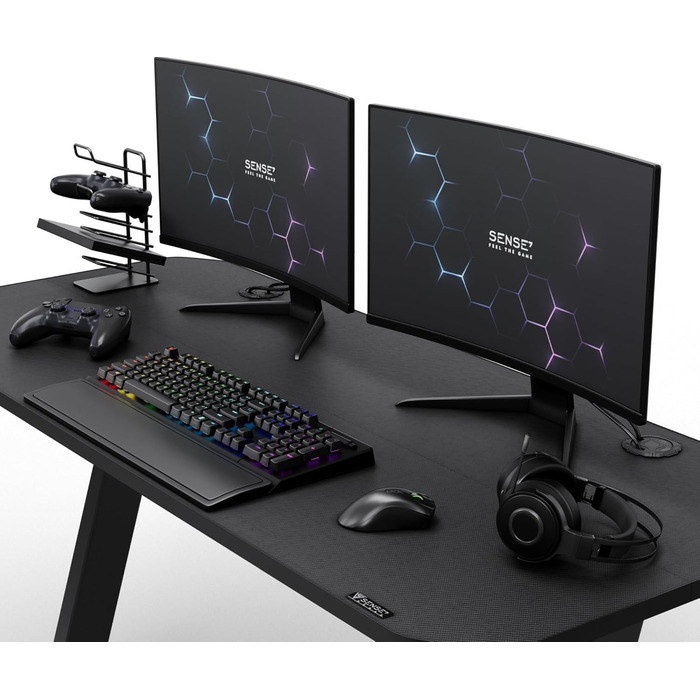 Ігровий стіл SENSE7 Nomad Basic 140x60 см, комп'ютерний стіл з гачком для навушників, підстаканником, тримачем для контролера, ергономічний, карбонова поверхня
