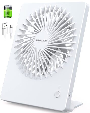 Портативний USB вентилятор TriPole з акумулятором 2000mAh, 3 швидкості, тихий (30дБ), регульований кут 80°, для офісу, подорожей, білий