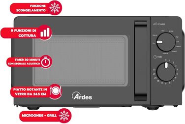Мікрохвильова піч ARDES AR6520G 20 л з грилем, 5 режимів потужності, 9 програм, таймер, підсвітка, чорна