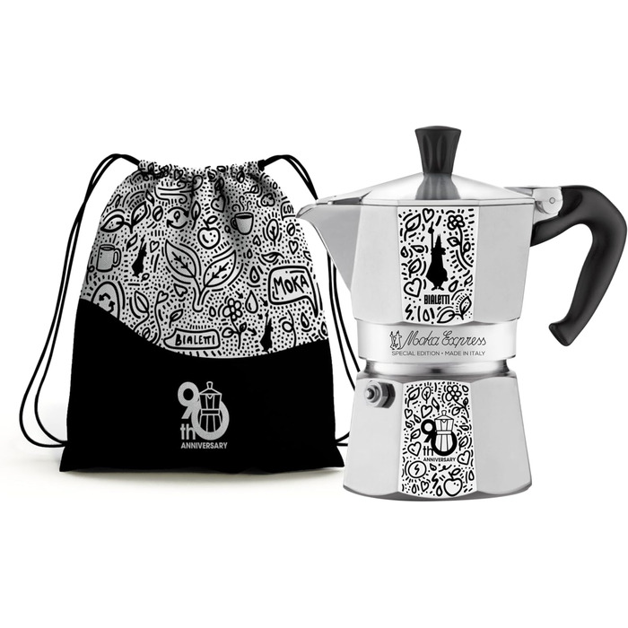 Кавоварка Bialetti Moka Express 90 років, алюмінієва, на 3 чашки (130 мл), з нейлоновим чохлом