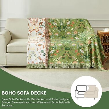 Покривало-плед Bailix Premium Boho з 100% бавовни, двостороння муслінова ковдра в стилі бохо 130x150 см, декоративна patchwork-накидка на диван та ліжко, колір зелений/бежевий