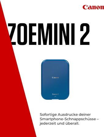 Canon Zoemini 2 Marineblau: Міні-принтер для фотографій, мобільний, компактний, з вбудованим акумулятором. Друкує фото 5x7,6 см зі смартфону/планшету. У комплекті: 20 шт. Zink паперу та 10 шт. круглих наліпок.