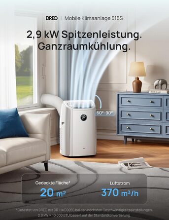 Мобільний кондиціонер DREO AC515S 10000 BTU для спальні з Wi-Fi, таймером на 24 год та функцією осушення