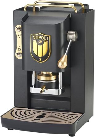 Кавова машина FABER Pro Deluxe Scudetto для ESE-подушок 44 мм, матова чорна з латунною обробкою, прес для таблеток з латуні, чорний логотип Napoli Campione