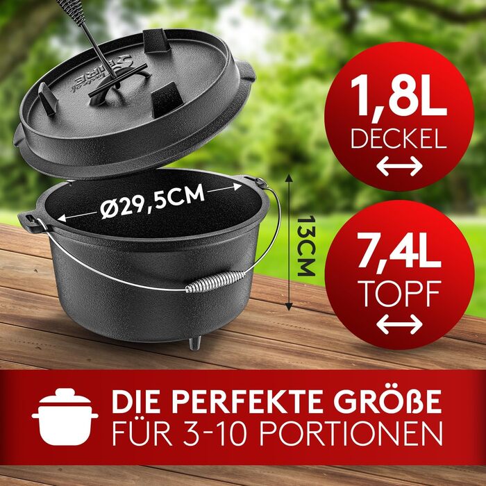 Набір чавунного казана BBQ Dutch Oven [Das Original] на 10,8 л з підставкою та кришкою-гриль на 2,2 л, підйомником та e-book