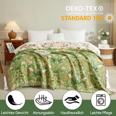 Покривало-плед Bailix Premium Boho з 100% бавовни, двостороння муслінова ковдра в стилі бохо 130x150 см, декоративна patchwork-накидка на диван та ліжко, колір зелений/бежевий