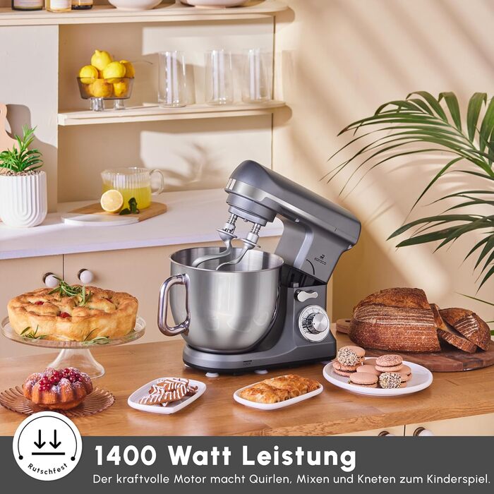 Кухонна машина Karaca Blendburst 1400W з 6 швидкостями, 5.7л чаша з нержавіючої сталі, подвійний гак для тіста, міксер, насадки для збивання та замішування, сірий колір