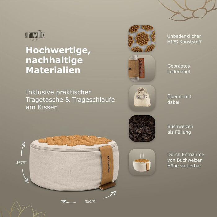 Подушка для йоги та медитації Glanzstück Berlin Health Collection, двостороння, з екологічного лляного міксу, наповнювач гречане лушпиння, 32x15 см, регульована висота