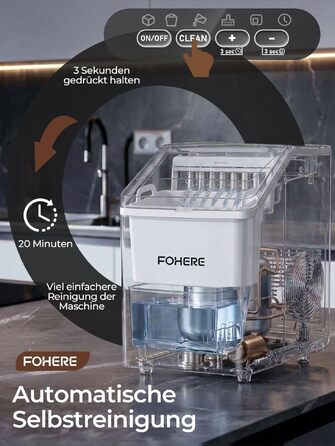 Льодогенератор FOHERE нержавіюча сталь 24 кг/24 год, 3.2 л, тихий (40 дБ), таймер, самоочищення, для дому та вечірок, сріблястий