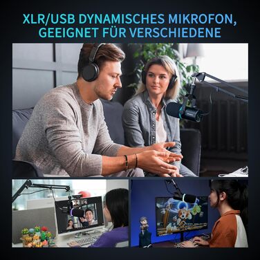 FEELWORLD PM1: Динамічний мікрофон XLR/USB з RGB-підсвіткою для подкастів, YouTube, геймінгу та студії. З навушником, підставкою та кабелем.