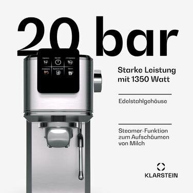 Кавоварка Klarstein SteelPresso Touch Slim з холдером, 20 бар, 1350 Вт, 1,2 л, нержавійка, компактна, цифрове управління, легке очищення, парова насадка