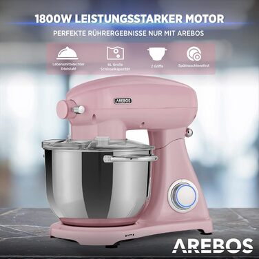 Arebos Ретро кухонна машина 1800W рожева | Міксер з чашею 6л з нержавіючої сталі | Тиха робота | З набором насадок (крюк для тіста, вінчик, насадка для збивання) | 6 швидкостей