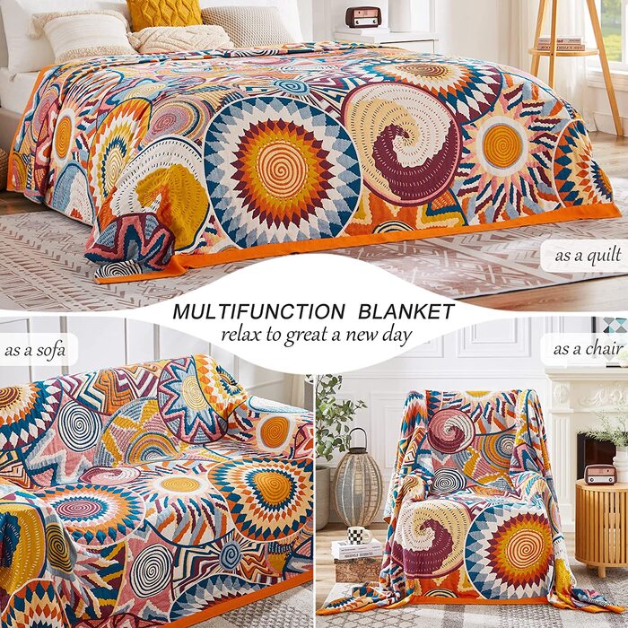 HOORDRY Покривало Boho 150x200 см, бавовняне, двостороннє, з орнаментом, для дивану, ліжка, крісла