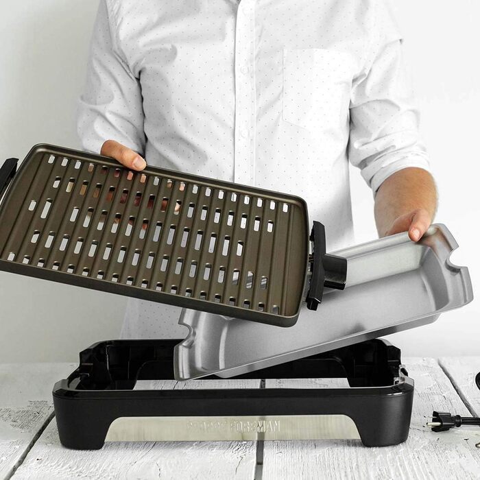 Електричний гриль George Foreman Smokeless для дому, бездимний, антипригарний, з піддоном для жиру, регулятором температури, вертикальне зберігання, модель 25850-56