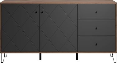 Сервант trendteam smart living Montez, сірий/дуб, 2 двері, 3 шухляди, фрезеровані фасади, металеві ніжки, 183x76x40 см