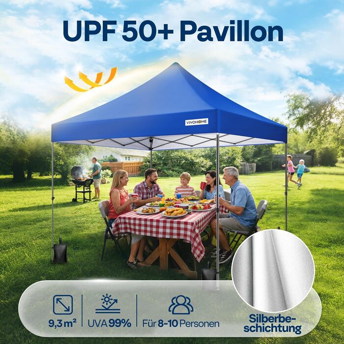 Намет VIVOHOME Pavillon 3x3 м для пікніка, кемпінгу, подій (водонепроникний, з москітною сіткою, блакитний)