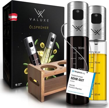 Набір розпилювачів для олії та оцту VALUXE (2 шт) зі скла з UV-захистом та фільтром, сталеві пляшки-спреї для оливкової олії з підставкою, 100 мл