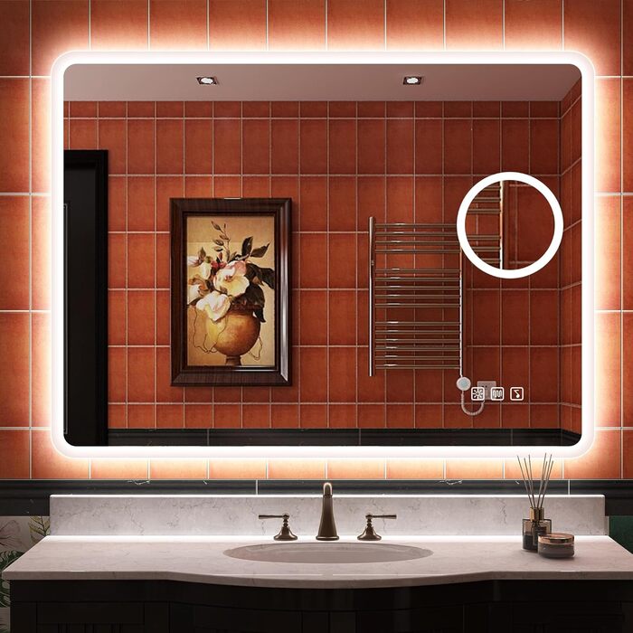 Дзеркало для ванної кімнати S'bagno з підсвічуванням 80x60 см, LED, Bluetooth, 5x збільшення, протитуманне покриття, 3 кольори, регулювання яскравості, пам'ять налаштувань, загартоване скло, IP44, водонепроникність, горизонтальна/вертикальна установка, M6