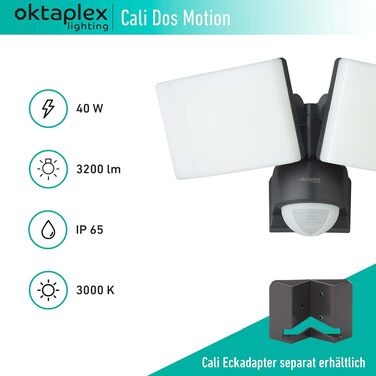 Світлодіодний вуличний прожектор Oktaplex Cali Dos Motion з датчиком руху, 40W, 3000K (тепле біле світло), IP65, дві голови, антрацит