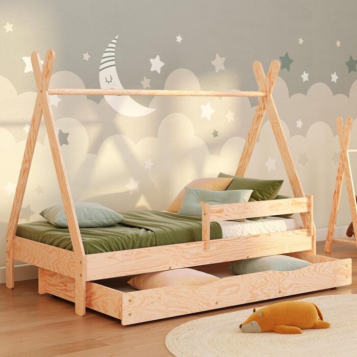 Дерев'яне ліжко-дитяча кімната Smartwood Hausbett Montessori Tipi F з сосни з сертифікатом FSC, захист від падіння, ламелі до 230 кг, для хлопчиків та дівчаток (80x160) з шухлядою