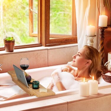 Бамбукова полиця для ванни Relaxdays 70 см, органайзер для книг, келиха, телефону, натуральний бамбук