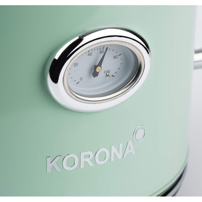 Електрочайник Korona 20665 1,7 л, м'ятний, ретро-дизайн, 2200 Вт, з термометром, фільтром від накипу та захистом від перегріву