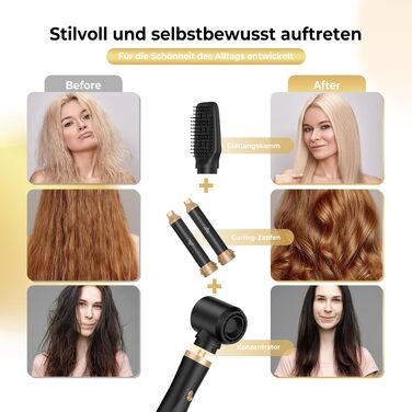 Мультистайлер для волосся 5-в-1 Faltbarer Airstyler з ефектом Коанда, високошвидкісний стайлер-фен з іонізацією та набором насадок (брашинг, локони), складаний, сріблясто-чорний