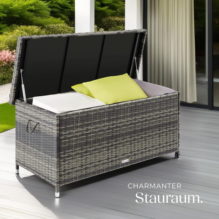 Скриня для подушок Tectake з ротангу (сіра), 270л, водонепроникна, з замком, на колесах для саду, тераси, балкону
