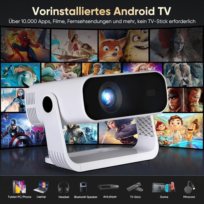 Smart міні-проектор Neuer 4K Android 14 WiFi6 BT5.2 для дому та мобільного використання (Чорний)