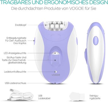 Епілятор VOGOE 4-в-1 для жінок, електричний бездротовий, 21 пінцет, для обличчя, ніг, рук, бікіні, модель HR310, ліловий