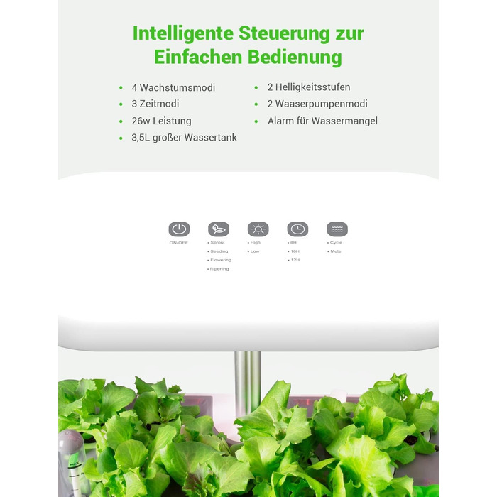 Smart Garden: Гідропонна система для вирощування зелені з LED лампою 26W та 12 капсулами. Регульована висота до 50 см.
