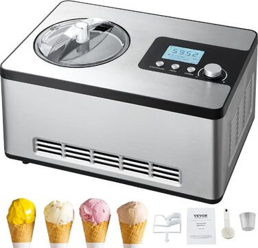 Електрична машина для приготування морозива VEVOR 2L, 180W - Морозиво, сорбет, йогурт, Gelato. Срібна, горизонтальна