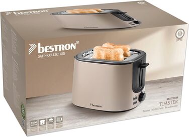Тостер Bestron Satin Collection на 2 тости, 1000 Вт, 7 рівнів підсмажування, з підносом для крихт та тримачем для булочок, бежевий