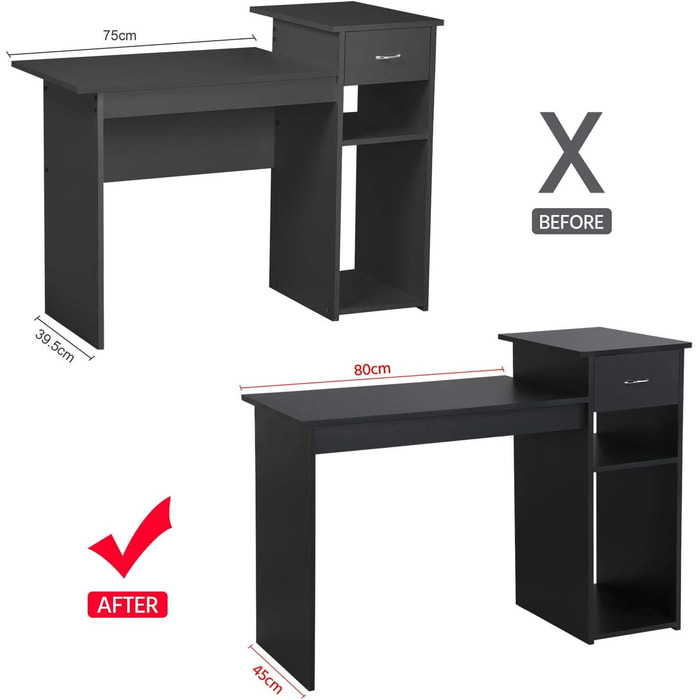 Стіл комп'ютерний Yaheetech 112x82x50 см, чорний, з висувною шухлядою та 2 полицями з МДФ для офісу та дому