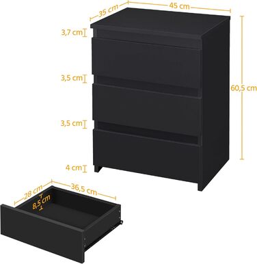 Тумба приліжкова Yaheetech з дерева, чорна, 3 шухляди, для спальні, 45x35x60,5 см