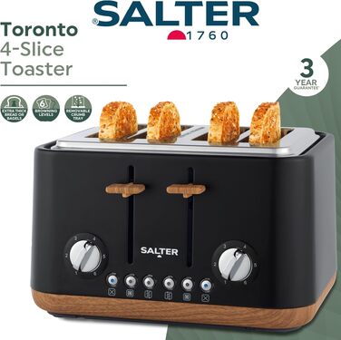 Тостер SALTER Toronto 4-слоти: чорний, 6 рівнів підсмажування, розморожування, підігрів, автоматичне центрування, функція підйому, знімний піддон для крихт, EU-штекер