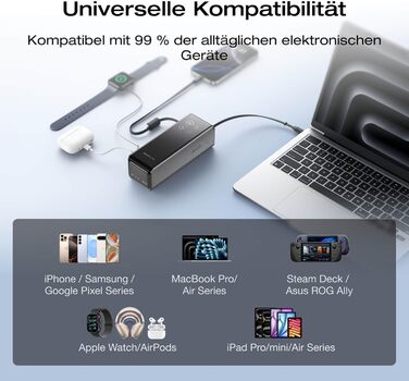 EcoFlow Rapid Powerbank 25000 mAh 170W з вбудованим кабелем та USB-C 100W - портативний зарядний пристрій для iPhone, Samsung, MacBook та інших пристроїв (срібний)