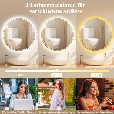 LED-дзеркало для ванної кімнати з підсвічуванням, кругле, 50 см, сенсорне керування, регулювання яскравості, функція пам'яті, дзеркало з HD-скла, захист від вибуху, запобігання запотіванню, 3 кольори світла, 60x60 см