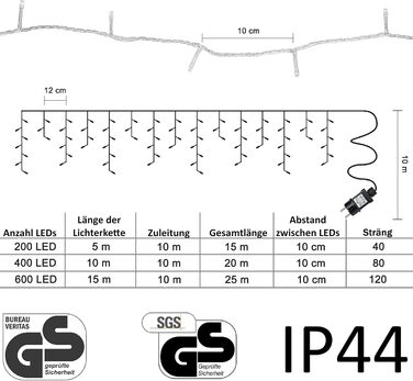 Гірлянда Gresonic 200 LED, 5м+10м, айсберг, тепле біле світло, для зовнішнього та внутрішнього використання, електрична, енергоефективна (A+), декор для дому та вулиці