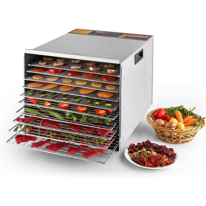 Сушарка Klarstein Fruit Jerky 14 для фруктів, овочів і м'яса, 1000 Вт, 14 лотків, 1,8 м², регулювання до 70°C, таймер, чорна