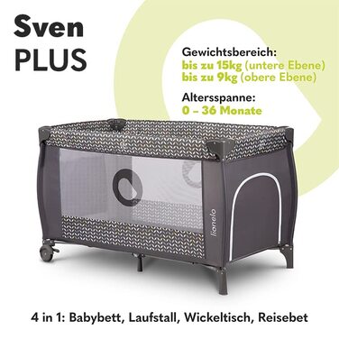 Дитяче ліжечко-манеж Lionelo Sven Plus 4 в 1 з пеленатором, москітною сіткою, бічним входом і сумкою, для дітей від народження до 15 кг, складане